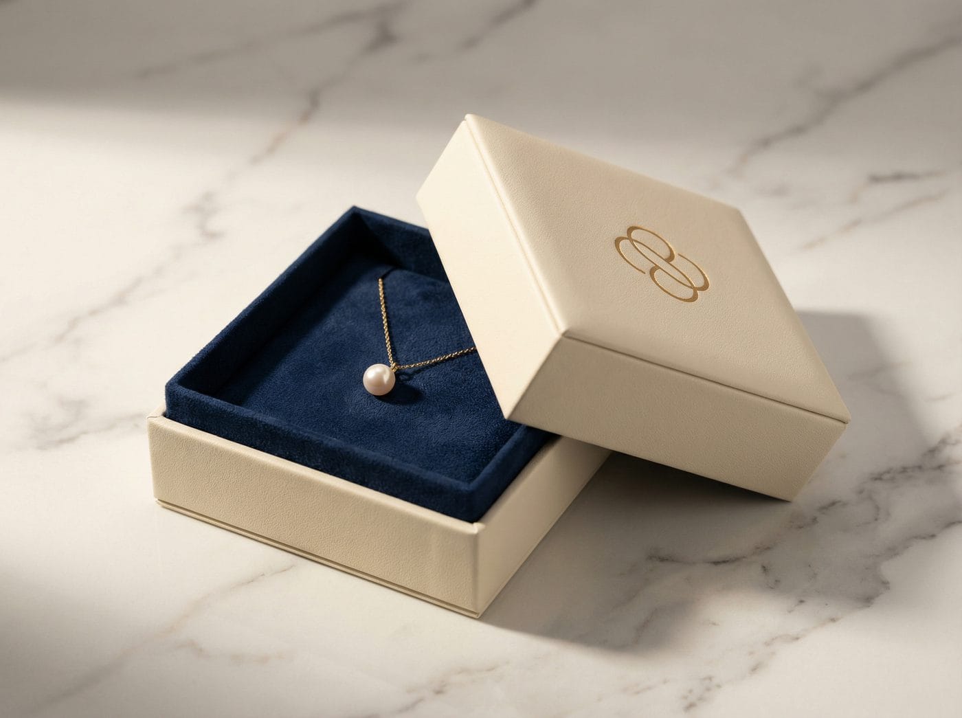 Custom magnetic closure jewelry box in cream leather, open showing navy velvet interior with pearl pendant