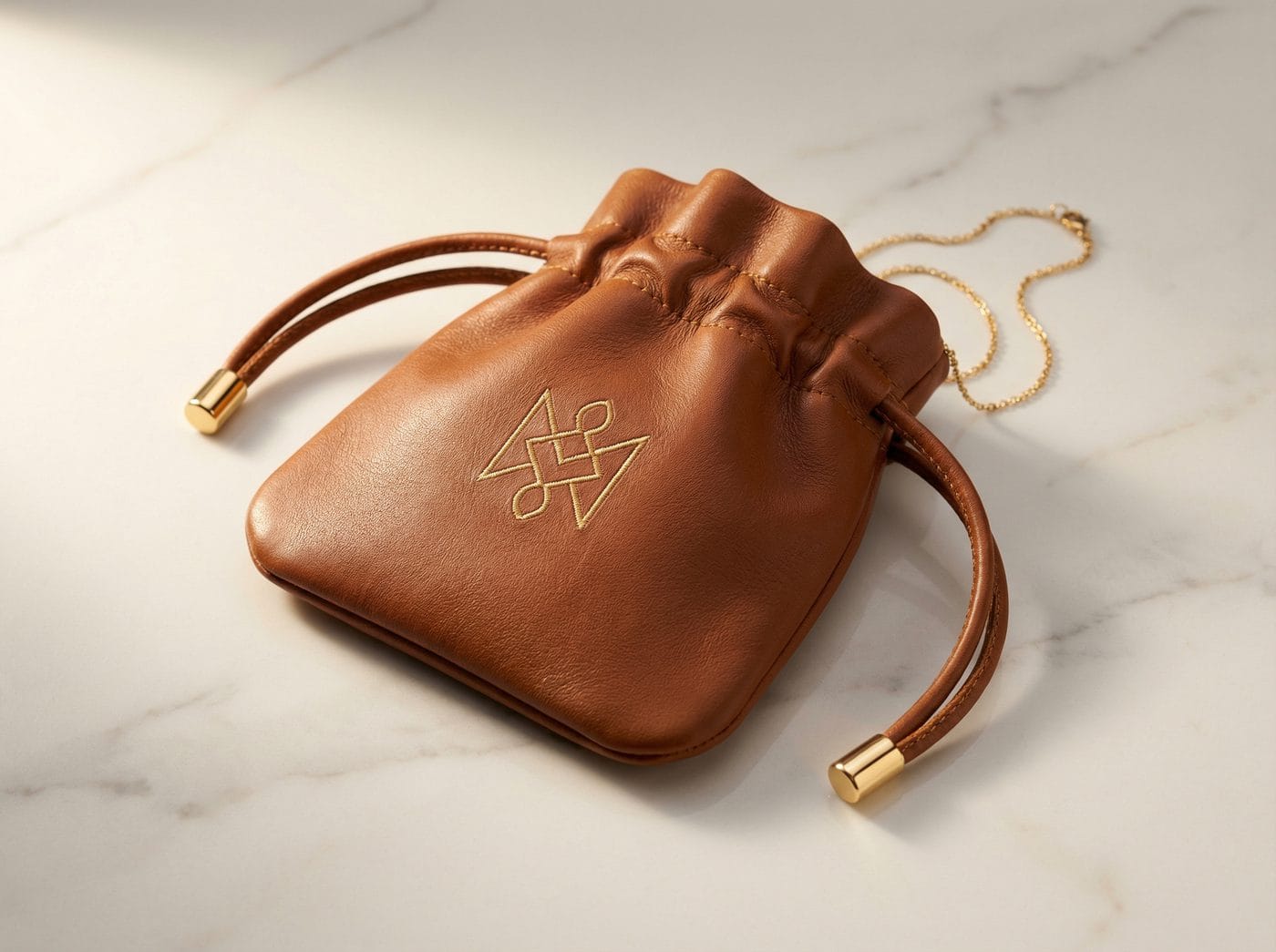 Cognac leather drawstring jewelry pouch with gold thread embroidered monogram and gold chain necklace