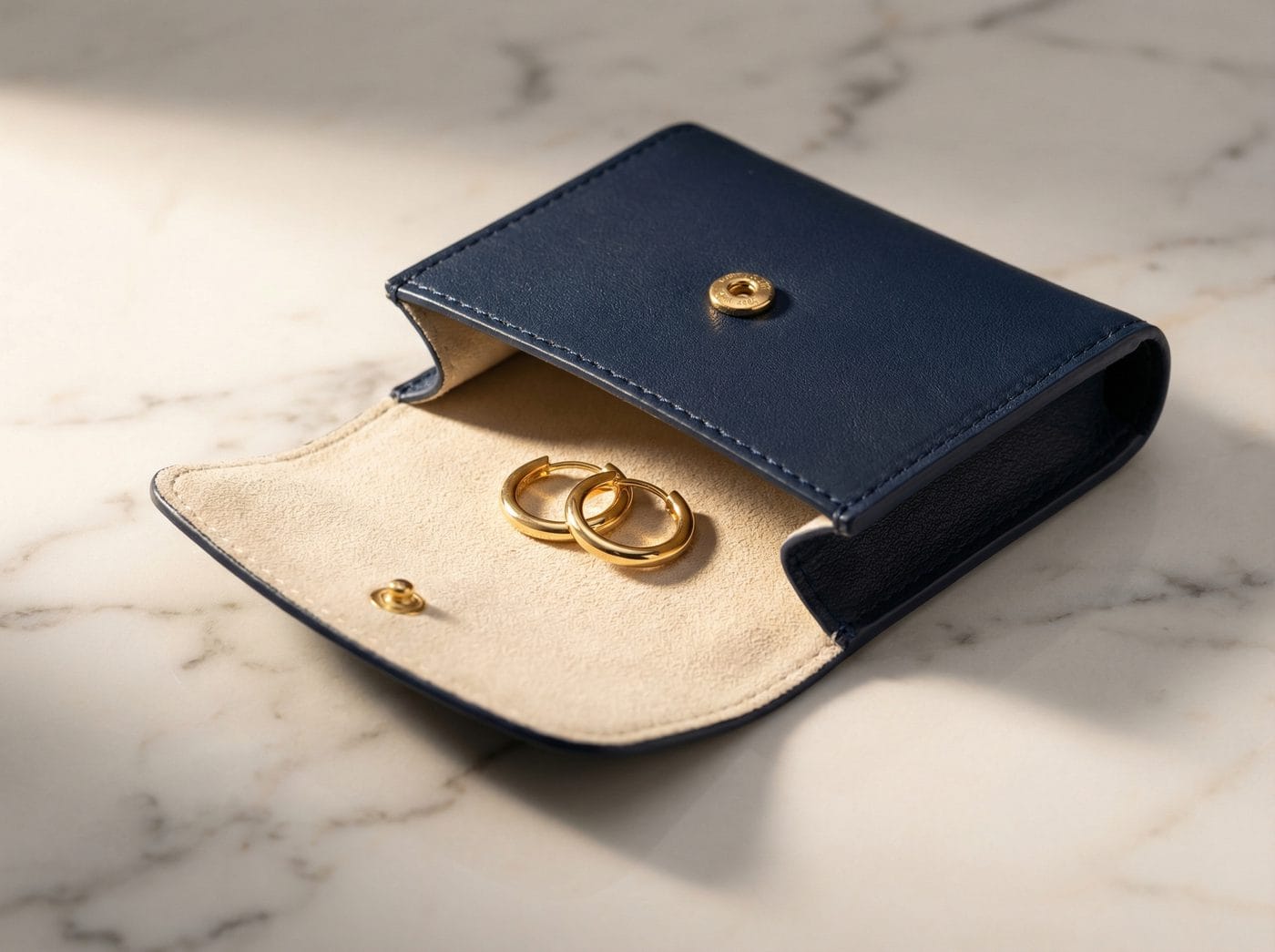 Navy genuine leather snap-closure jewelry pouch, open showing cream suede interior with gold hoop earrings