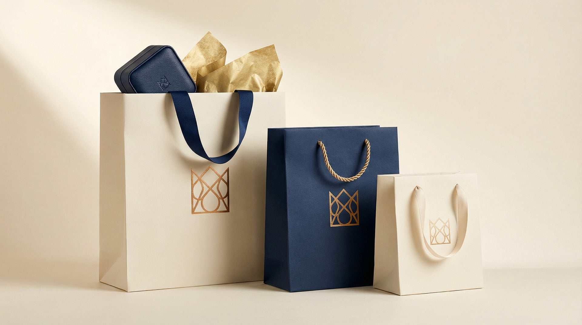 Three branded jewelry shopping bags in cream, navy, and cream with gold foil logos and grosgrain ribbon handles