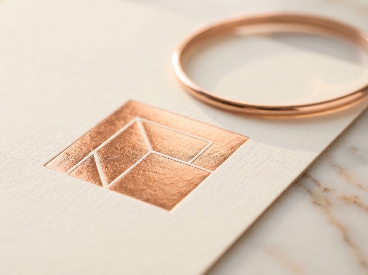 Macro close-up of rose gold metallic foil stamping on cream linen-textured paper board