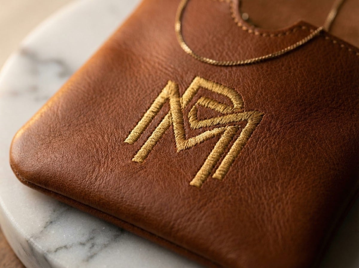 Close-up of gold thread embroidery of abstract monogram on cognac leather pouch