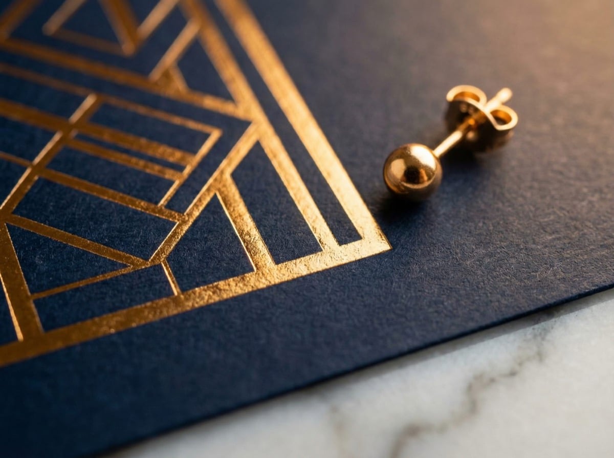 Macro close-up of warm gold hot foil stamping on navy paper board — crisp metallic finish