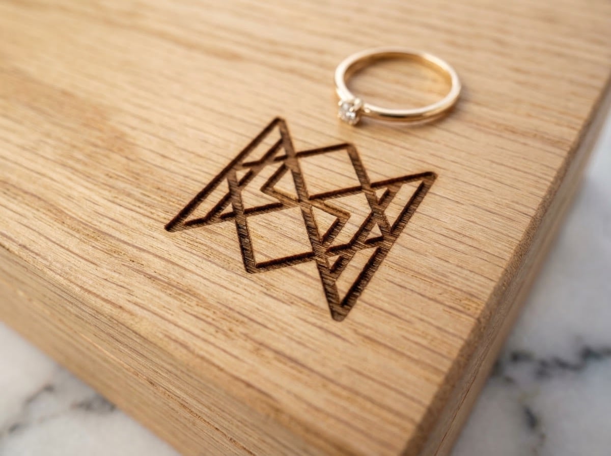 Precision laser-engraved geometric logo on light oak wood jewelry box lid
