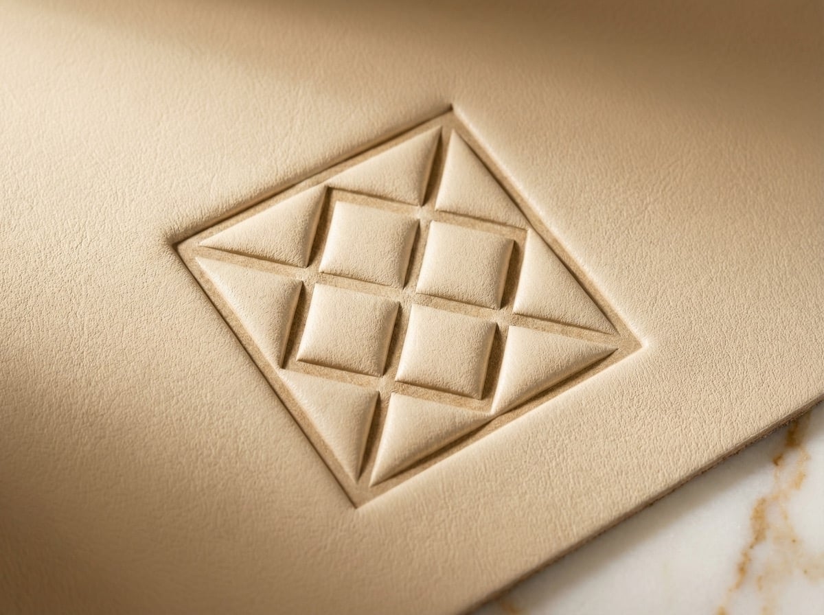 Close-up of debossed logo impression pressed into premium leather packaging surface
